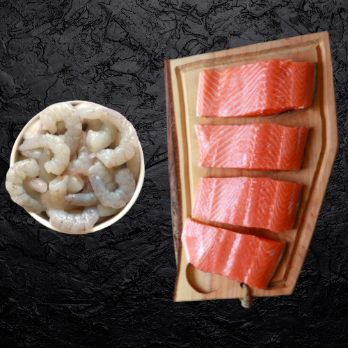 Camarón y Salmon porcionado con piel
